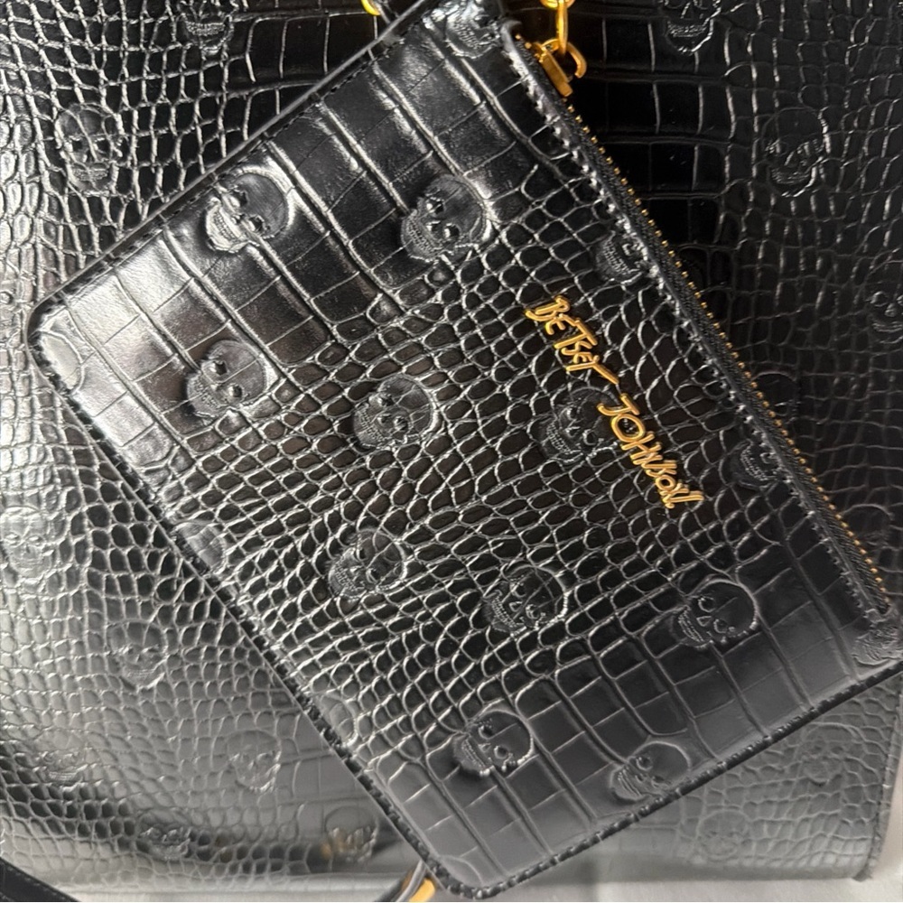 Betsey Johnson Black Croc-Embossed Tote with Gold Chain Accents - Picture 2 of 11